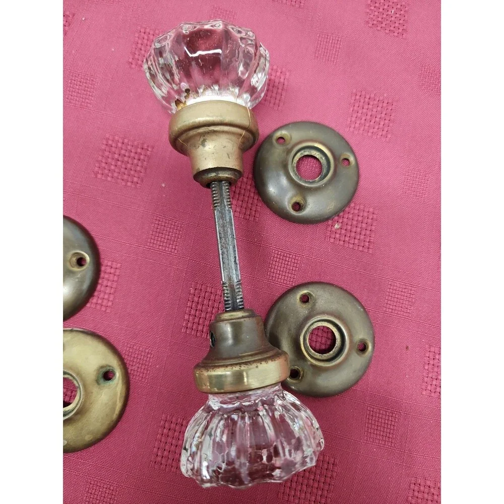 Vintage 12 Point Crystal Door Knob Sets With Spindle And Bezels Lot Of 2 ~ 1930s